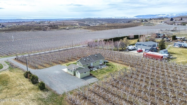 birds eye view of property with a mountain view and a rural view