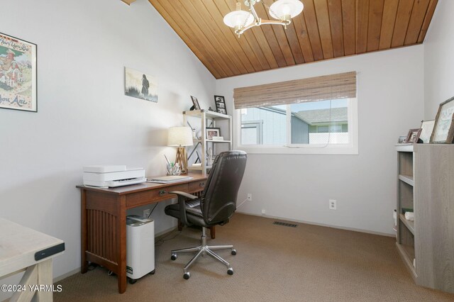 home office featuring visible vents, wood ceiling, vaulted ceiling, carpet floors, and a notable chandelier