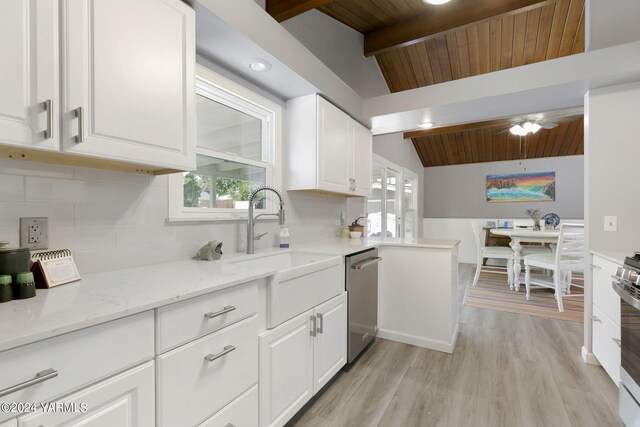 kitchen featuring a sink, wood ceiling, white cabinetry, appliances with stainless steel finishes, and light stone countertops