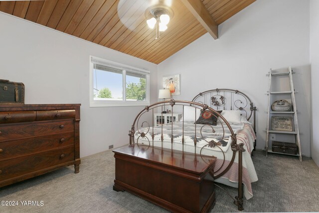 carpeted bedroom featuring lofted ceiling with beams and wood ceiling