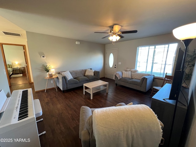 1215 Vineyard Dr, Tieton, WA 98947 - living room with a ceiling fan and wood finished floors
