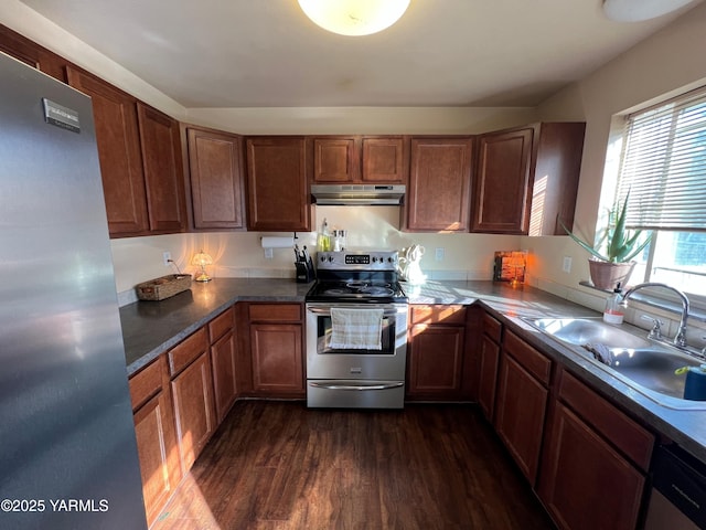 1215 Vineyard Dr, Tieton, WA 98947 - kitchen with appliances with stainless steel finishes, under cabinet range hood, dark wood-style flooring, and brown cabinets