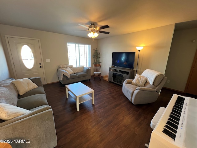 1215 Vineyard Dr, Tieton, WA 98947 - living room with a ceiling fan and dark wood-style flooring
