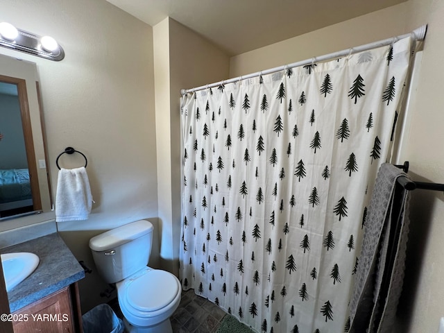 1215 Vineyard Dr, Tieton, WA 98947 - bathroom featuring vanity, a shower with curtain, and stone finish flooring
