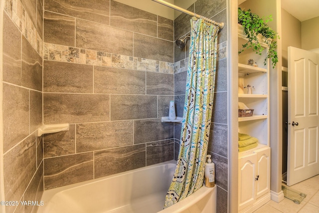 full bath with shower / tub combo and tile patterned floors