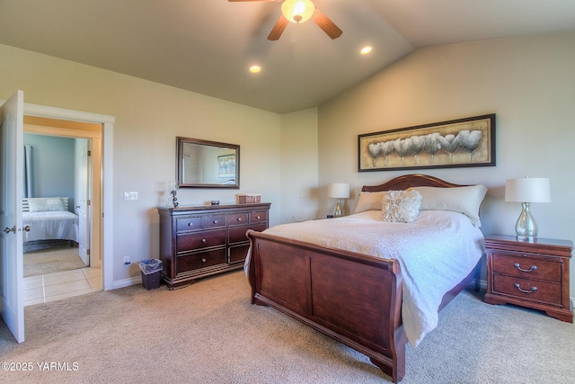 bedroom with light carpet, baseboards, a ceiling fan, lofted ceiling, and recessed lighting