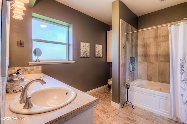 full bathroom featuring double vanity, wood finished floors, a sink, and toilet