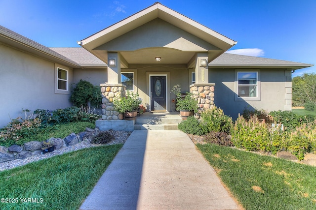 entrance to property with a shingled roof, a lawn, and stucco siding