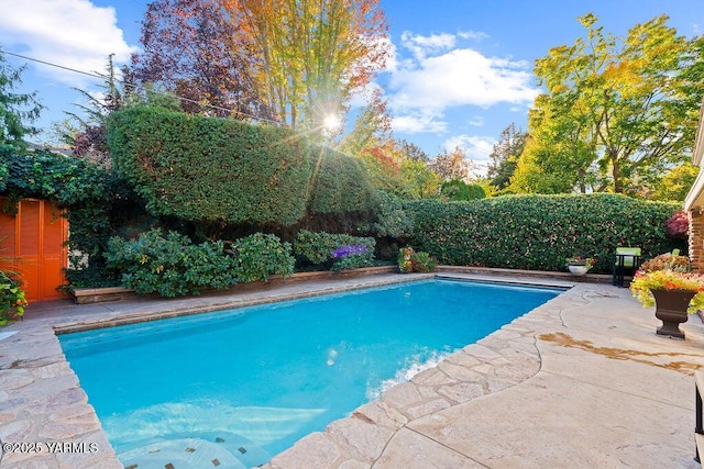 view of swimming pool featuring fence and a fenced in pool