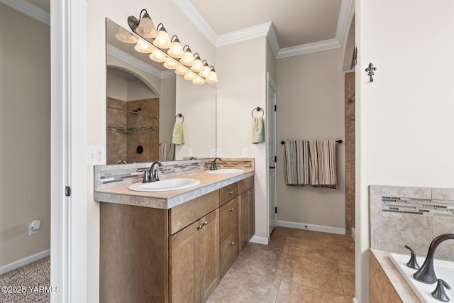 1504 W Naches Ave, Selah, WA 98942 - full bath with double vanity, a tile shower, a bath, and crown molding