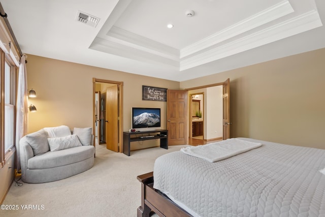 bedroom featuring visible vents, crown molding, light colored carpet, recessed lighting, and a raised ceiling