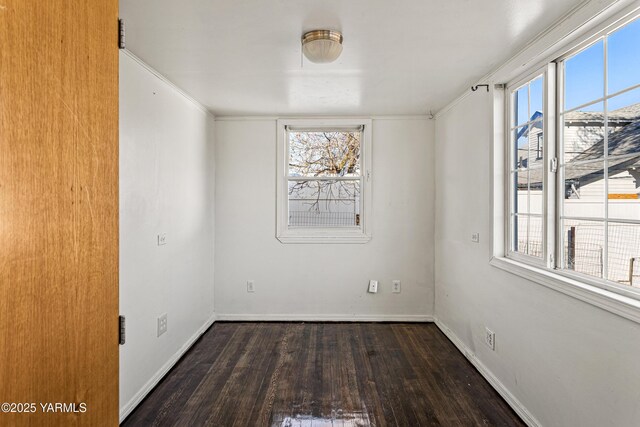 spare room with a healthy amount of sunlight, baseboards, and dark wood-type flooring