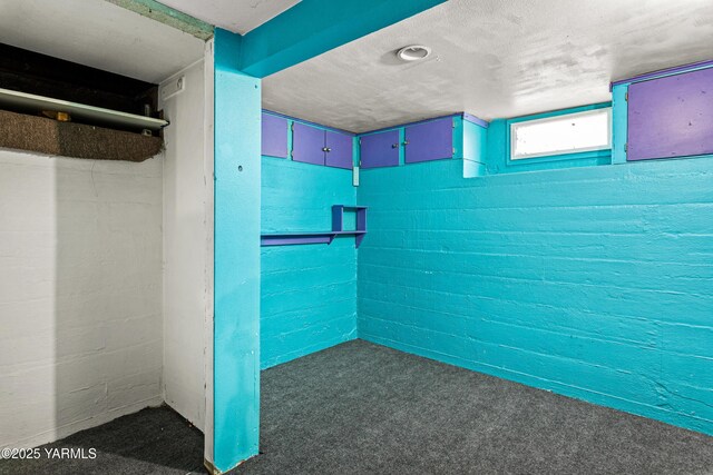 bathroom with concrete block wall and a textured ceiling