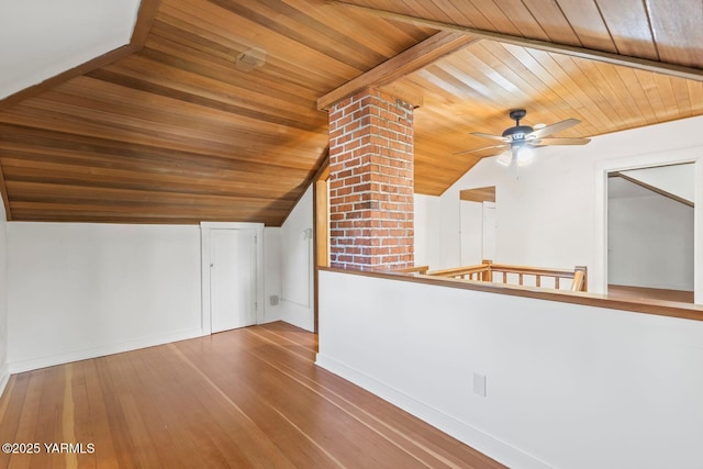 additional living space with a ceiling fan, wooden ceiling, baseboards, and lofted ceiling