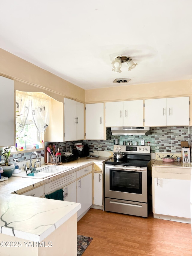 1341 Cemetery Rd, Sunnyside, WA 98944 - kitchen featuring electric range, under cabinet range hood, a sink, and decorative backsplash