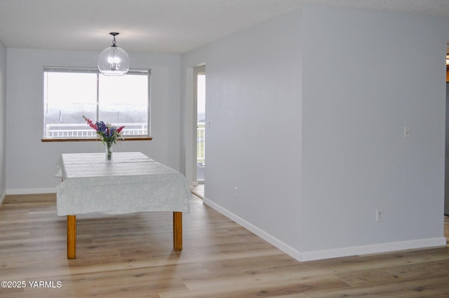 unfurnished dining area featuring baseboards and light wood-style floors