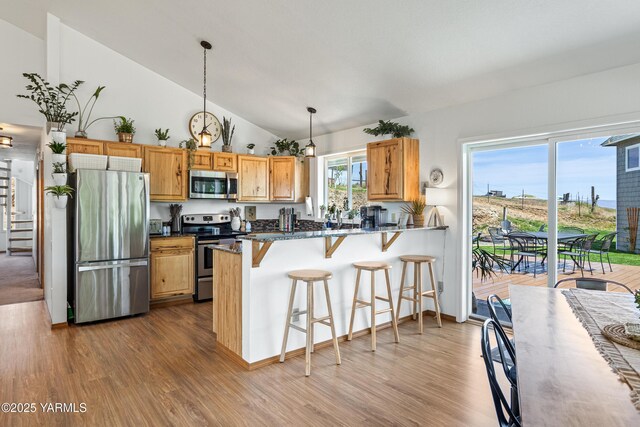 12826 Douglas Rd, Yakima, WA 98908 - kitchen featuring stainless steel appliances, wood finished floors, a kitchen bar, decorative light fixtures, and a peninsula