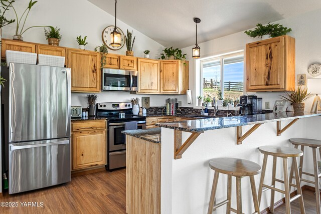 12826 Douglas Rd, Yakima, WA 98908 - kitchen featuring stainless steel appliances, lofted ceiling, dark wood-type flooring, a peninsula, and a kitchen breakfast bar
