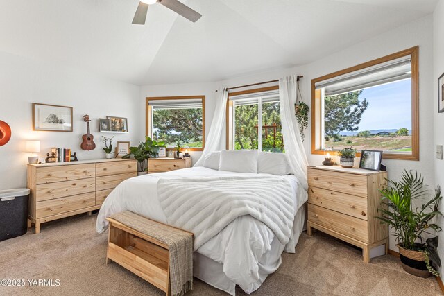 12826 Douglas Rd, Yakima, WA 98908 - bedroom featuring light colored carpet, lofted ceiling, and ceiling fan