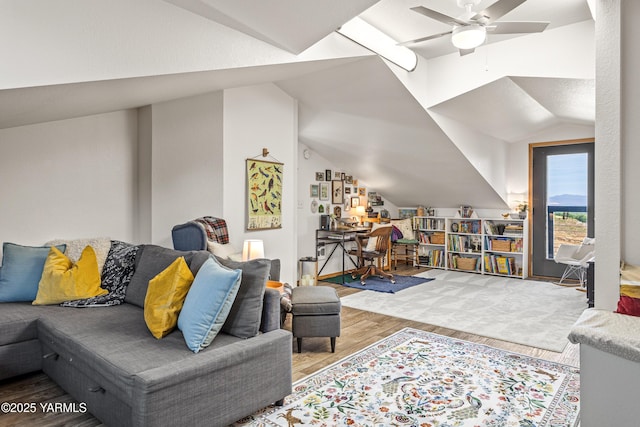 12826 Douglas Rd, Yakima, WA 98908 - living area featuring vaulted ceiling, wood finished floors, and a ceiling fan