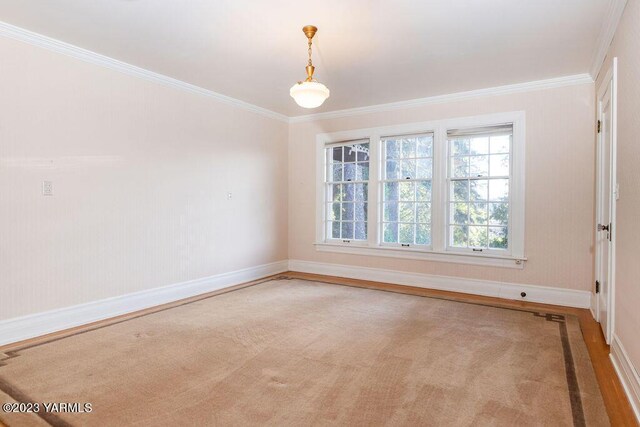 empty room with ornamental molding and baseboards