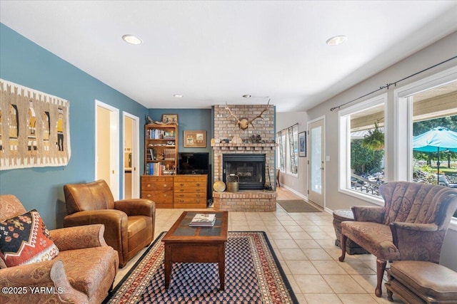 621 Friedline Rd, Yakima, WA 98908 - living area featuring light tile patterned floors, a brick fireplace, and recessed lighting
