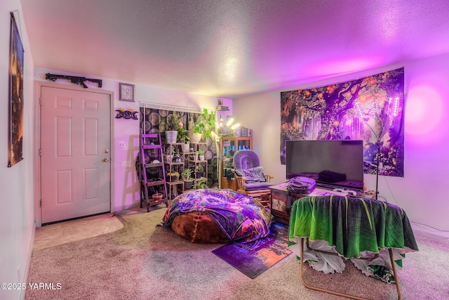 bedroom with a textured ceiling and carpet flooring