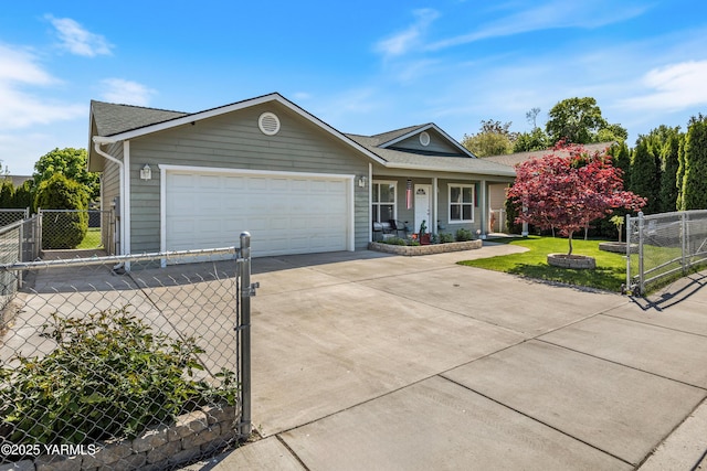 ranch-style home with fence, an attached garage, a gate, covered porch, and driveway