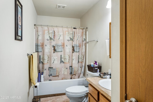 bathroom with vanity, shower / tub combo with curtain, toilet, and visible vents