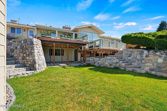 5310 W Lincoln Ave, Yakima, WA 98908 - rear view of property with a wooden deck, a lawn, a patio area, and a chimney