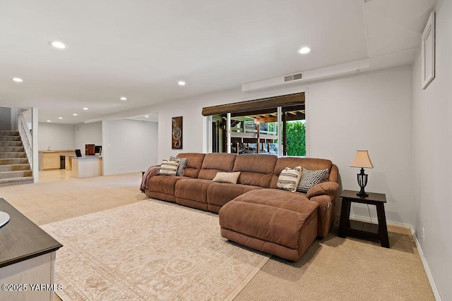 5310 W Lincoln Ave, Yakima, WA 98908 - living room featuring light carpet, recessed lighting, and stairway