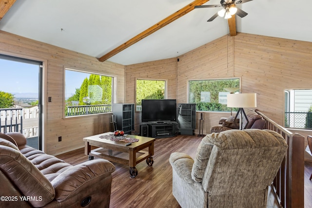 5504 Pear Butte Dr, Yakima, WA 98901 - living room featuring wooden walls, ceiling fan, healthy amount of natural light, and wood finished floors