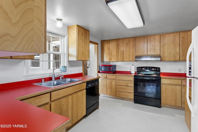 808 S 72nd Ave, Yakima, WA 98908 - kitchen with black appliances, under cabinet range hood, a sink, and light flooring