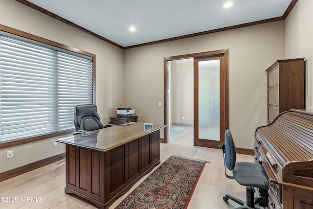 5506 Marilane St, Yakima, WA 98908 - home office with ornamental molding, light wood-type flooring, recessed lighting, healthy amount of natural light, and french doors