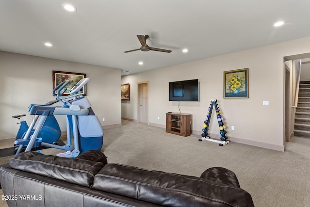 5506 Marilane St, Yakima, WA 98908 - living room featuring ceiling fan, recessed lighting, stairway, and carpet