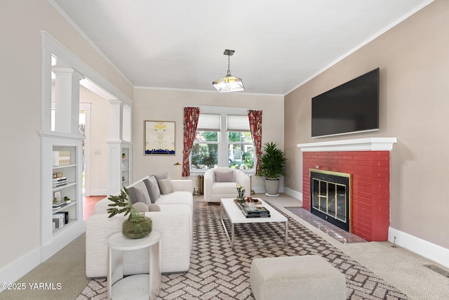 14 N 37th Ave, Yakima, WA 98902 - living room featuring crown molding, a brick fireplace, and carpet floors