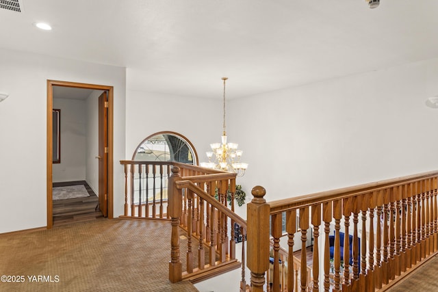 191 Alteejen Rd, Zillah, WA 98953 - hall with visible vents, an upstairs landing, a notable chandelier, carpet, and recessed lighting