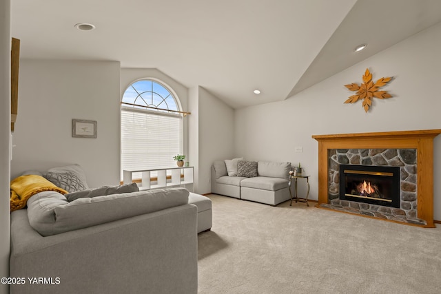 2 N 74th Ave, Yakima, WA 98908 - living area with vaulted ceiling, carpet flooring, and a fireplace