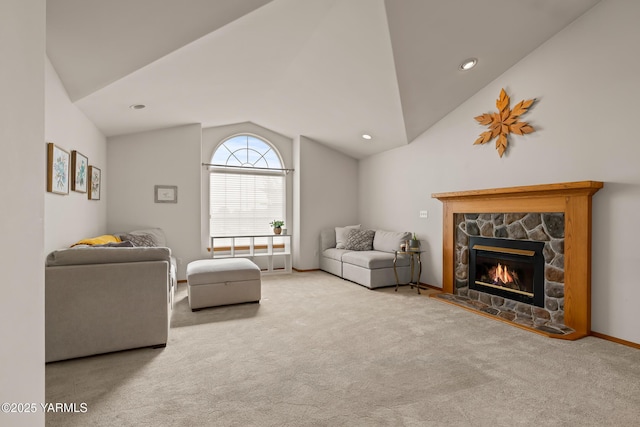 2 N 74th Ave, Yakima, WA 98908 - carpeted living room featuring vaulted ceiling and a stone fireplace