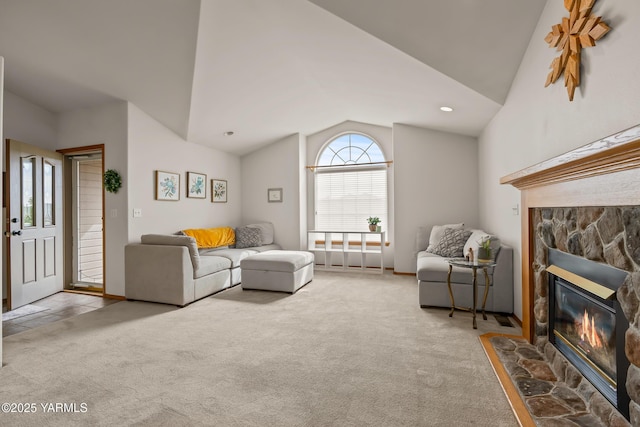 2 N 74th Ave, Yakima, WA 98908 - carpeted living area with vaulted ceiling and a fireplace