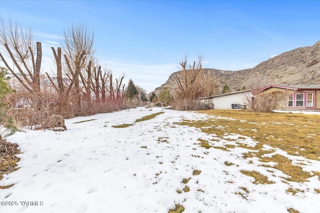 yard covered in snow with a mountain view