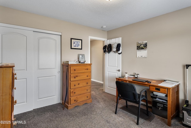 office with a textured ceiling and carpet floors