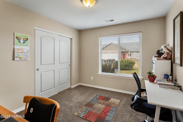 office space with visible vents, a textured ceiling, carpet, and baseboards