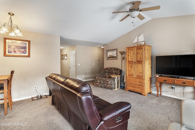 living room with ceiling fan with notable chandelier, vaulted ceiling, carpet, and baseboards