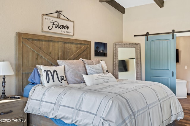 bedroom with baseboards, beam ceiling, dark wood-style flooring, and a barn door