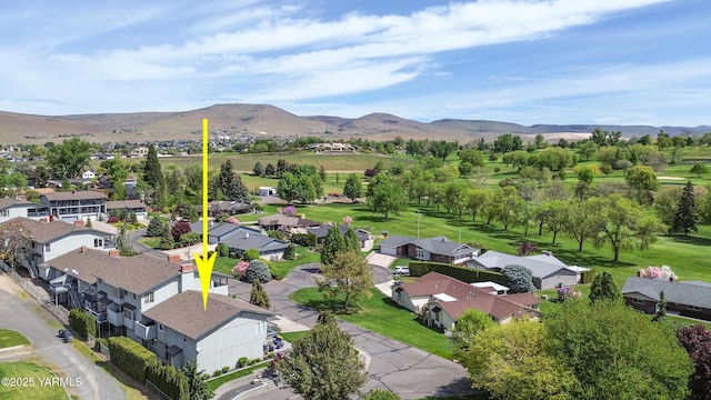 drone / aerial view featuring a mountain view and a residential view
