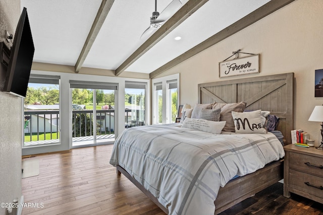 bedroom featuring vaulted ceiling with beams, wood-type flooring, and access to outside