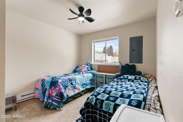 carpeted bedroom with baseboard heating, electric panel, and a ceiling fan