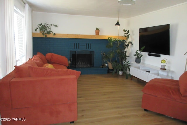 living room featuring a fireplace with raised hearth and wood finished floors