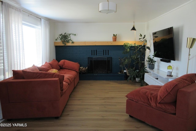 living area with a fireplace and wood finished floors